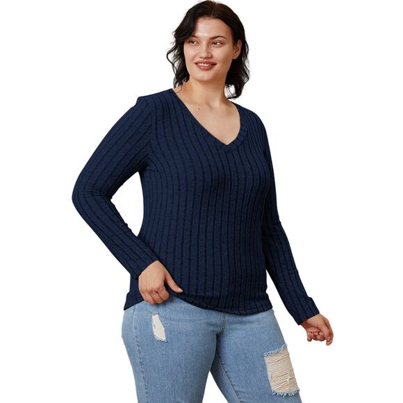 BASIC BAE Plus Dark Blue Ribbed V-Neck Long Sleeve Casual Top NEW 3X - Picture 1 of 7